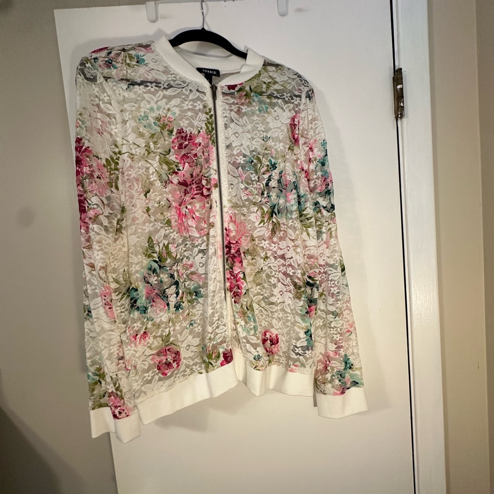 Torrid Floral Lace Bomber Jacket - Pink and Green